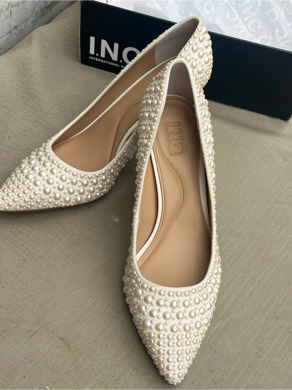 INC International Concepts Pearl-Embellished Pointed Flats in Ivory Cream